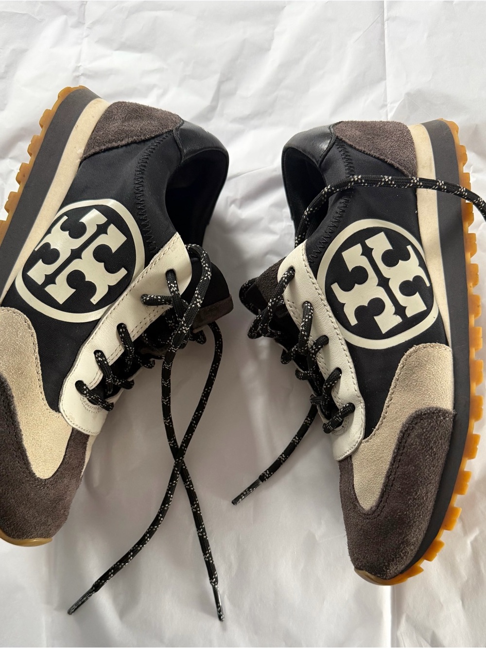 Tory Burch Black Cream and Brown Logo Athletic Sneakers